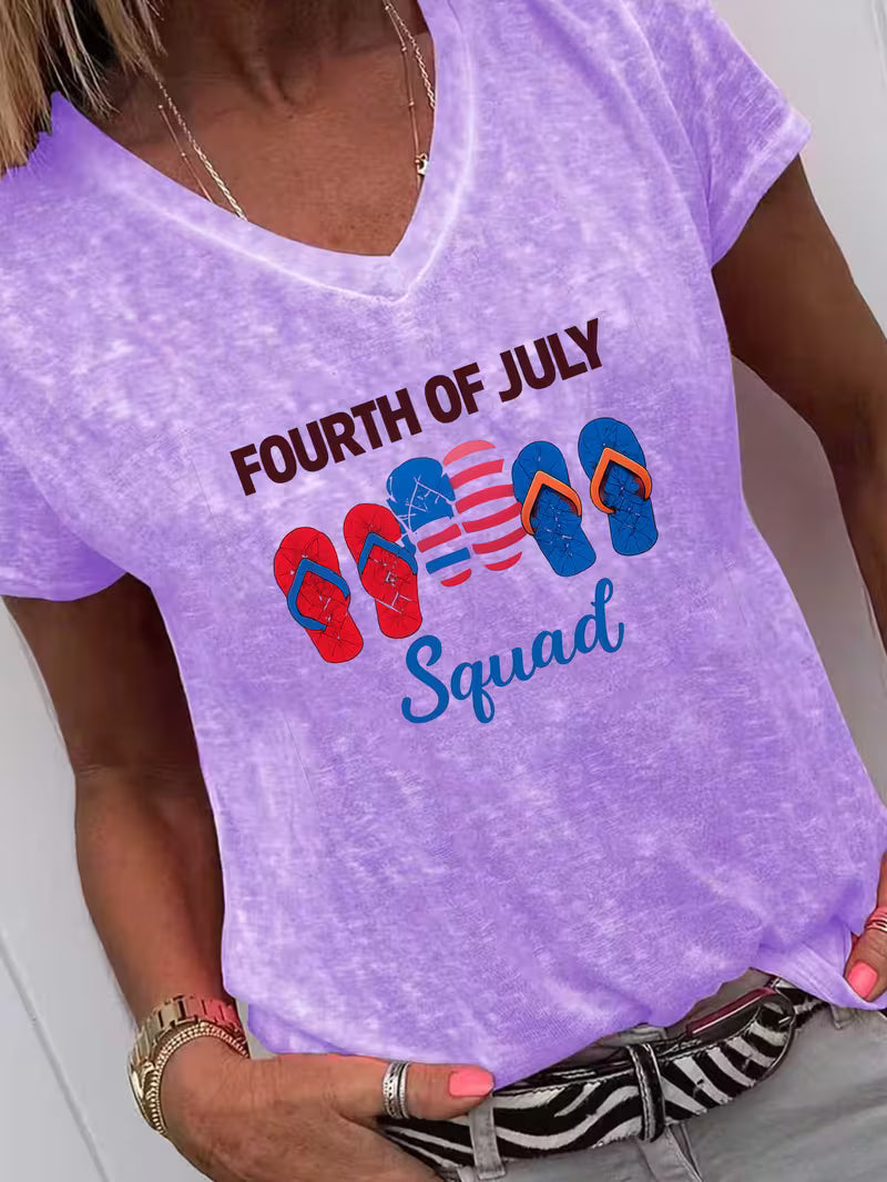 Women's 4th Of Jully Squad V-neck Vinyl Graphic T-Shirt