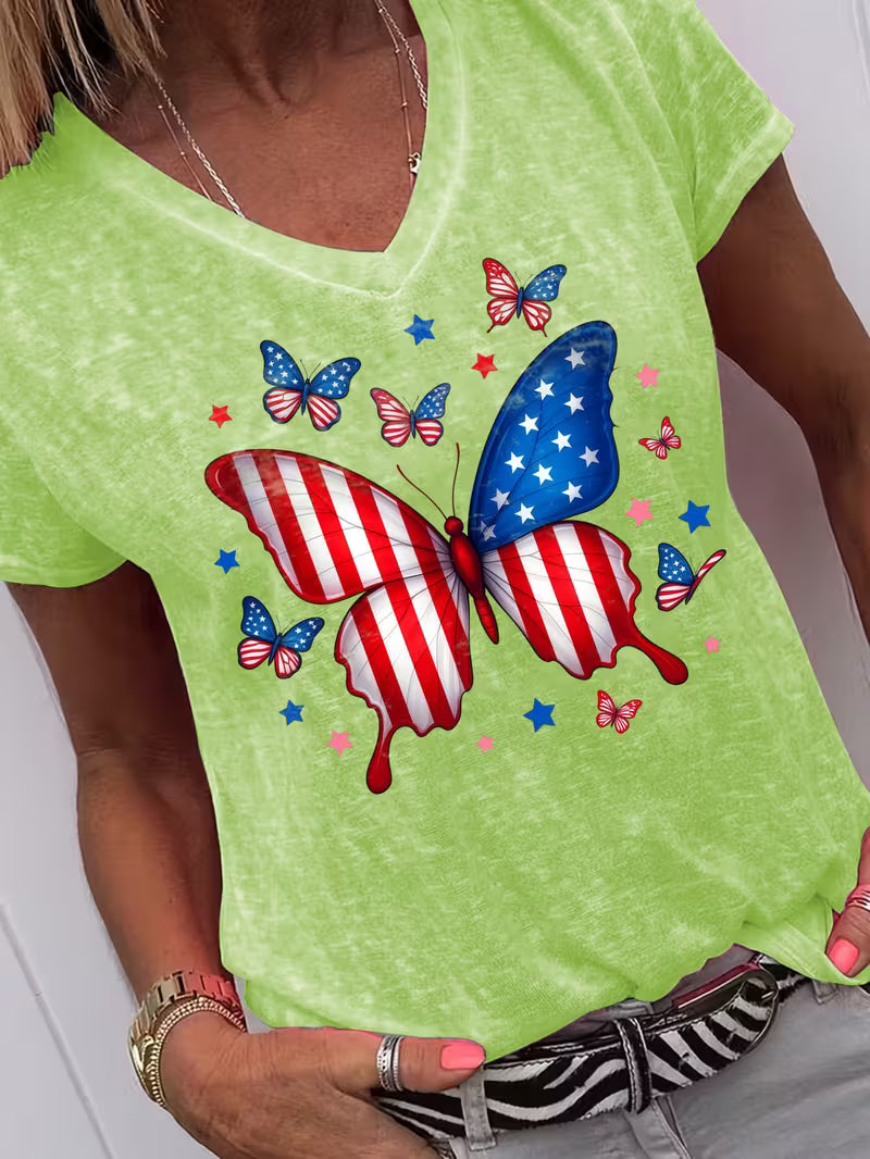 Women's Red White & Blue Butterfly V-neck Vinyl Graphic T-Shirt