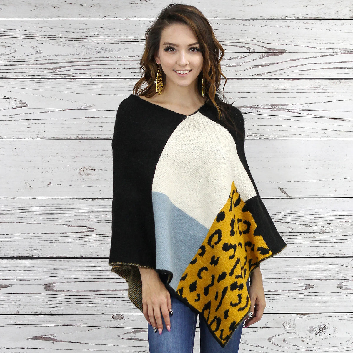 Leopard Color Block Poncho - Black Brown