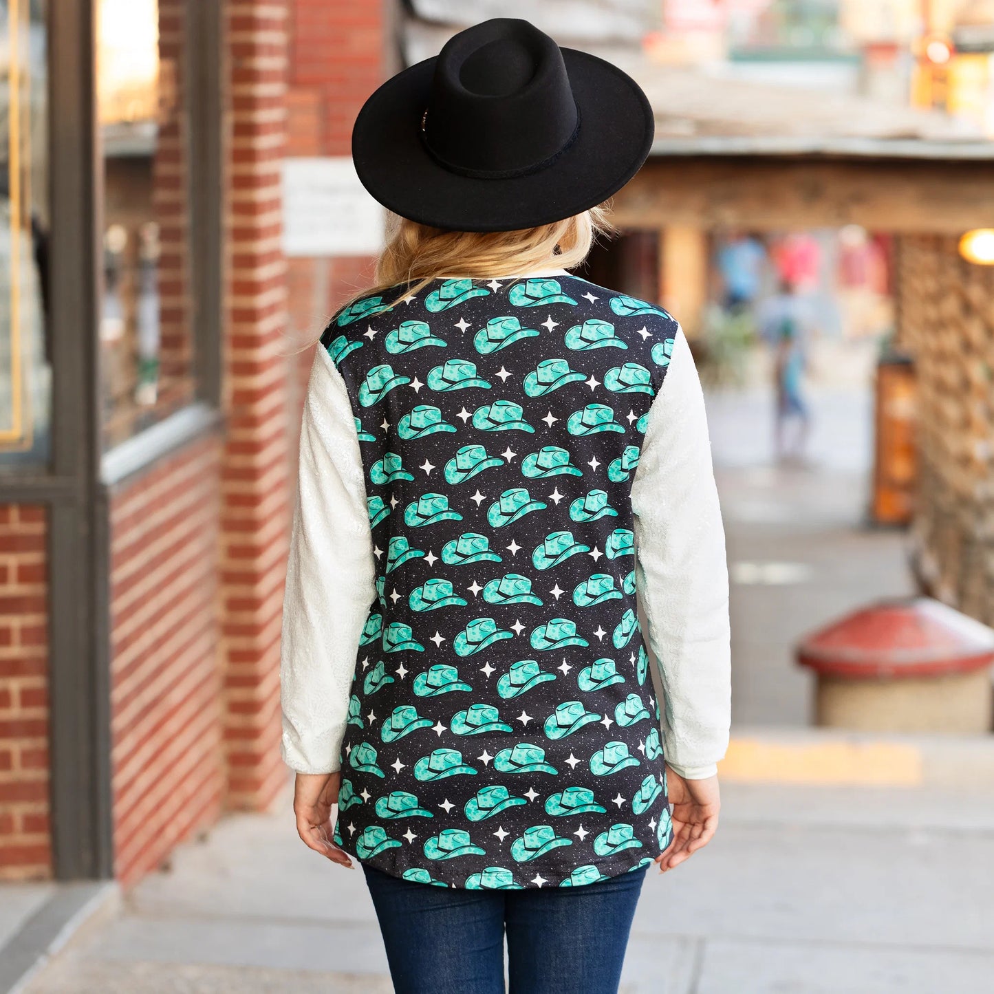 Sunshine & Redeo Western Print & Sequin Sleeves Top