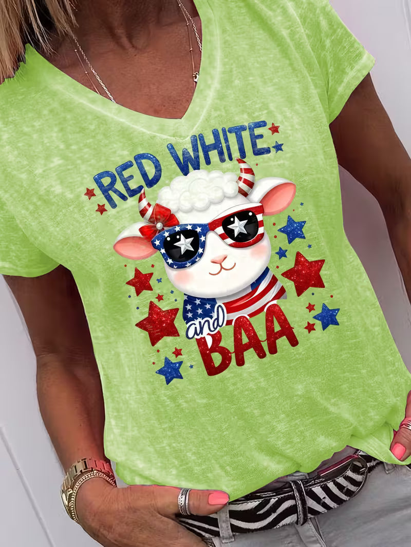Women's Red Wgite & Baa V-neck Vinyl Graphic T-Shirt