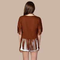 Half Sleeve Top with Fringe Brown