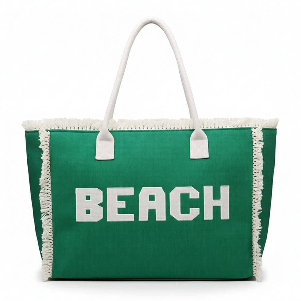 Canvas Tote Bag With "BEACH" Embroidered Canvas Patches Featuring Fringes Accents - Green