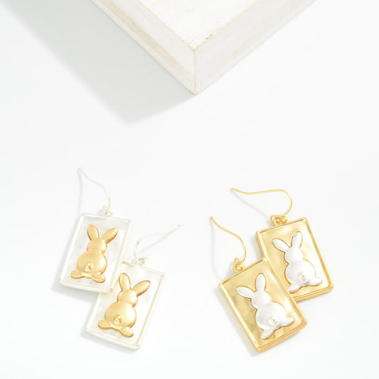 Hammered Metal Rectangle & Easter Bunny Post Drop Earring