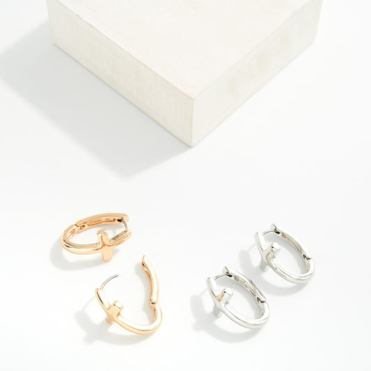 Metal Tone Oval Hoop Cross Earrings