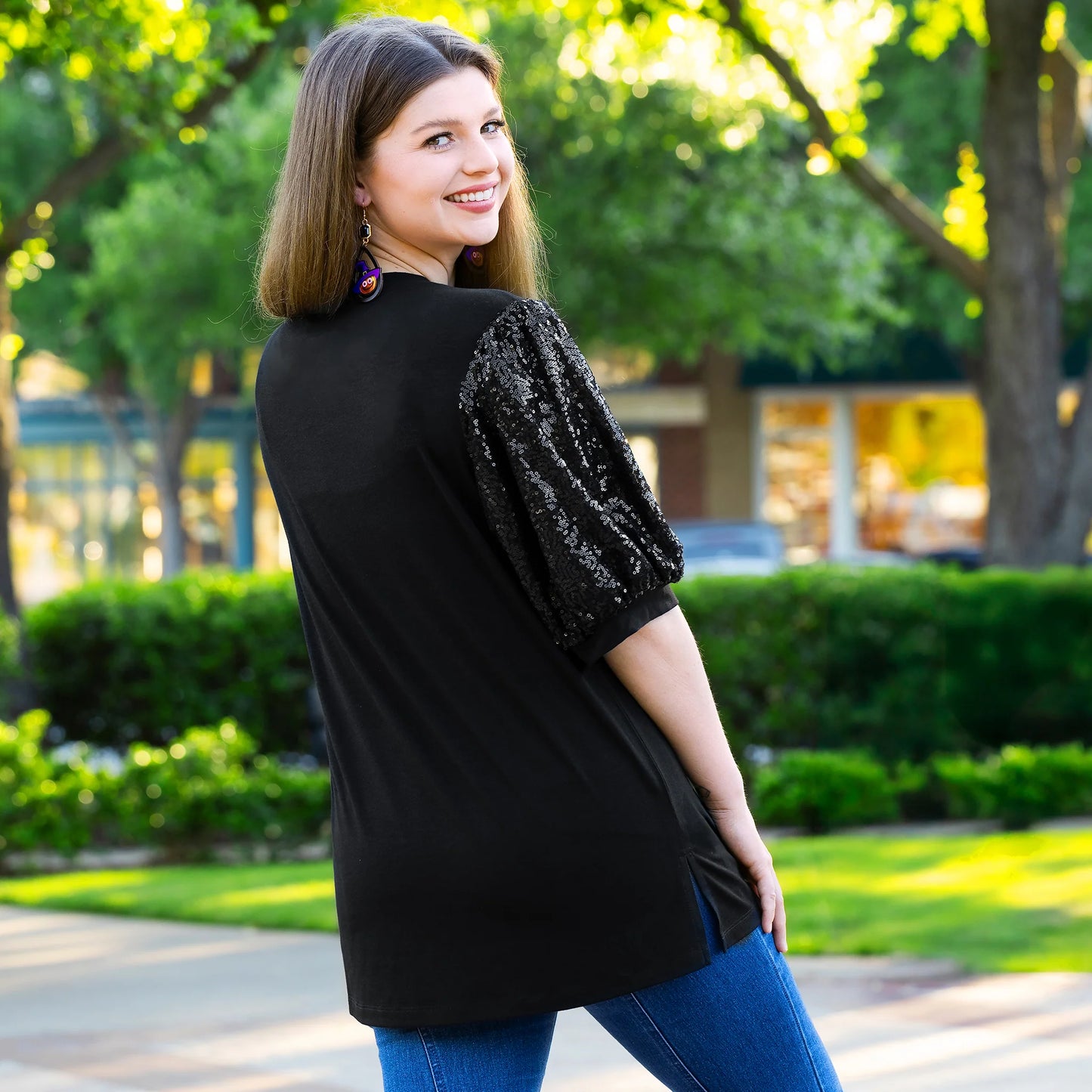 Sunshine & Redeo BOO Sequin Bubble Sleeves Halloween Top