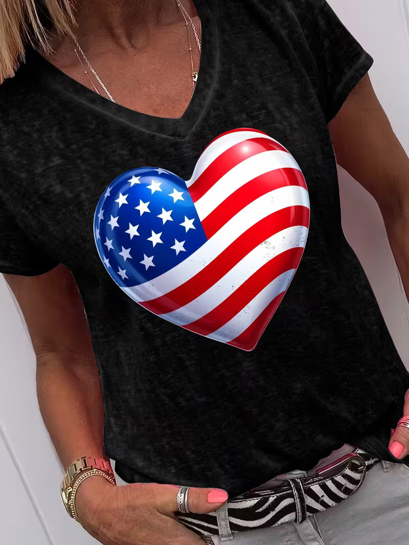 Women's Flag Heart V-neck Vinyl Graphic T-Shirt