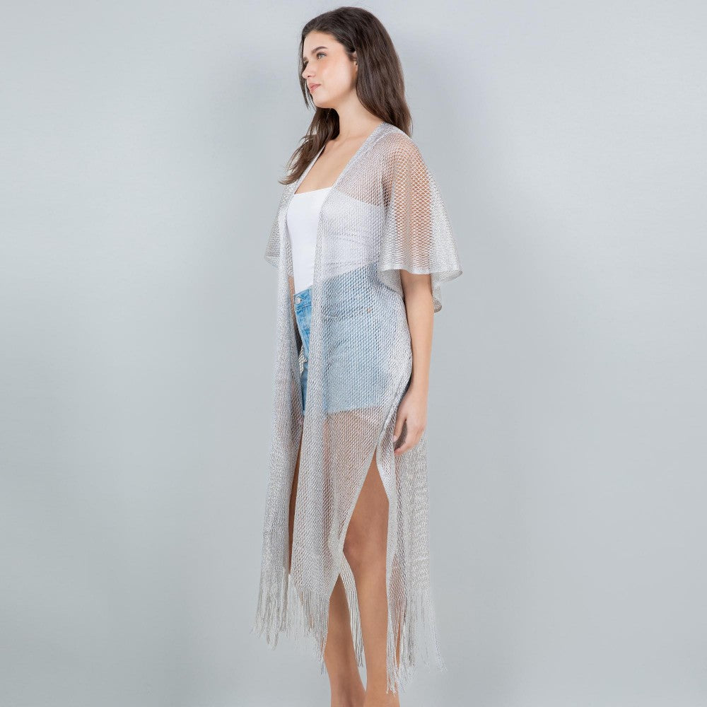 Long Fish Net & Tinsel Kimono With Fringed Bottom