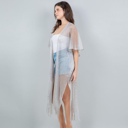 Long Fish Net & Tinsel Kimono With Fringed Bottom