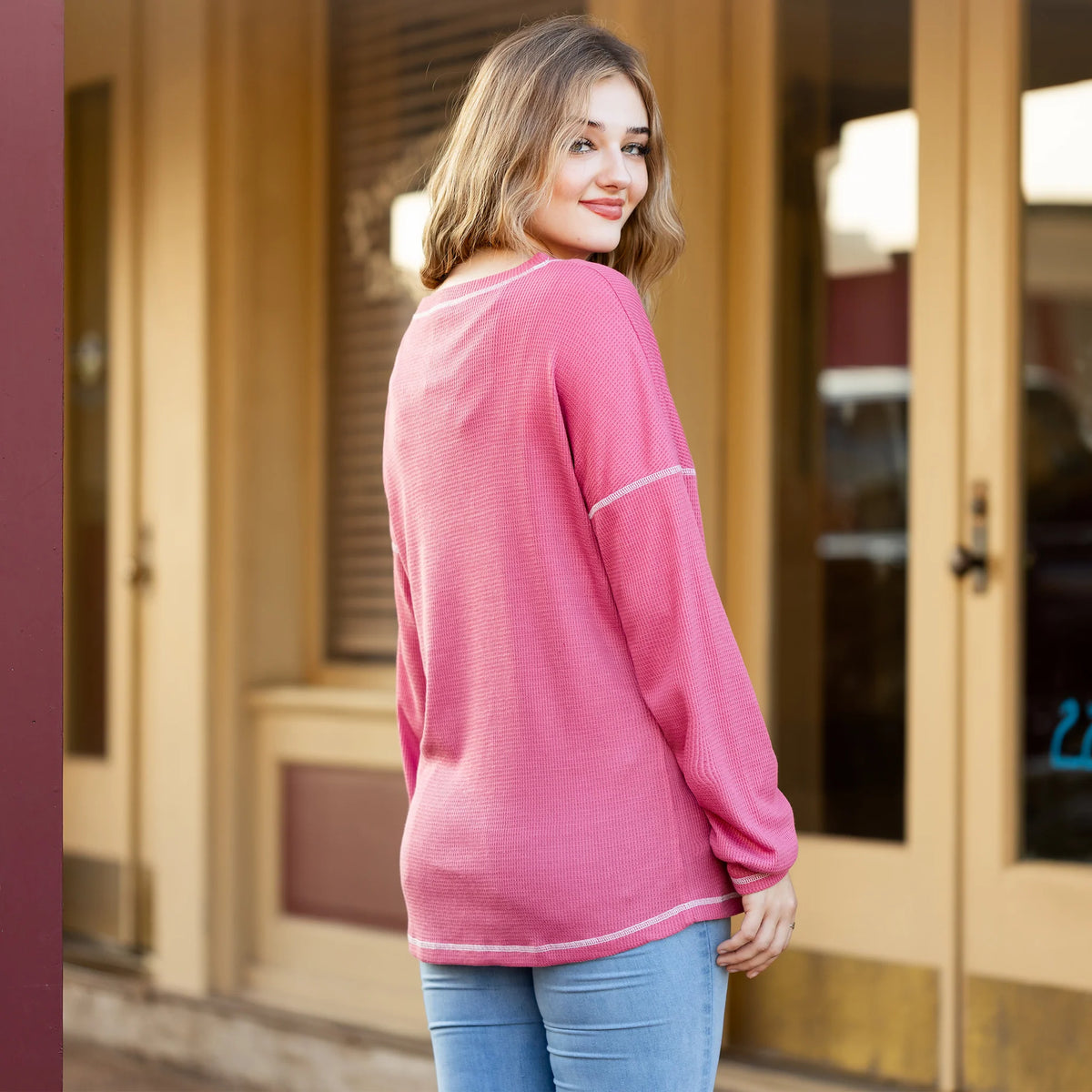 Sunshine & Rodeo Waffle Knit top with Square Pocket