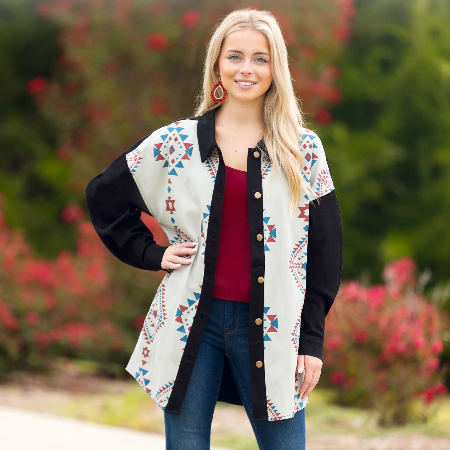 Sunshine & Redeo Western Geometric Print Shacket with Pockets