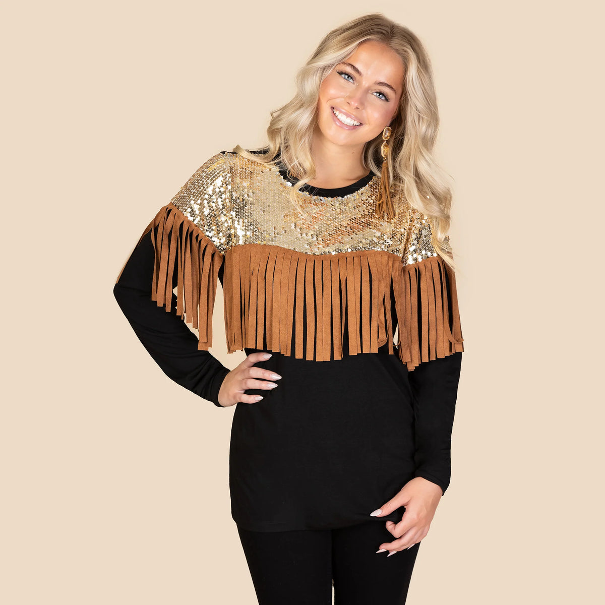 Sunshine & Redeo Sequin & Fringe Long Sleeve Top