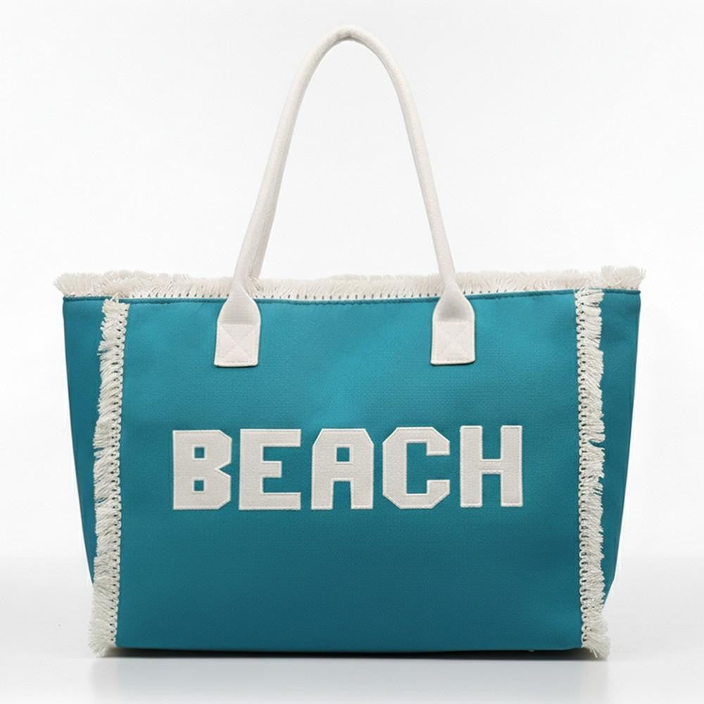 Canvas Tote Bag With "BEACH" Embroidered Canvas Patches Featuring Fringes Accents - Teal