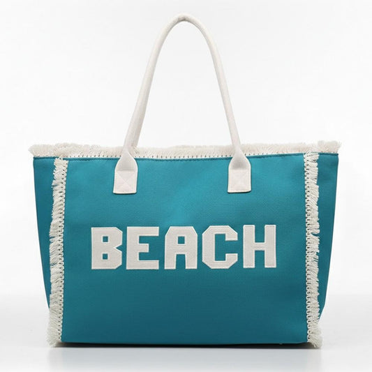 Canvas Tote Bag With "BEACH" Embroidered Canvas Patches Featuring Fringes Accents - Teal