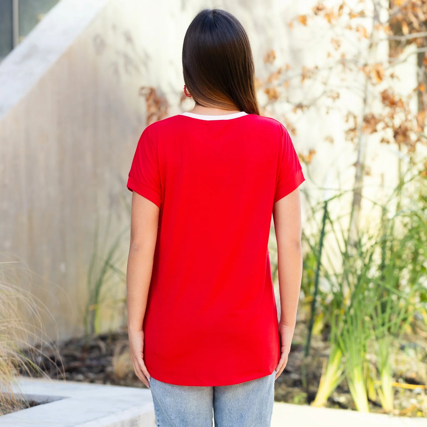 Sunshine & Redeo Striped Sequin Half Sleeve Top - Red
