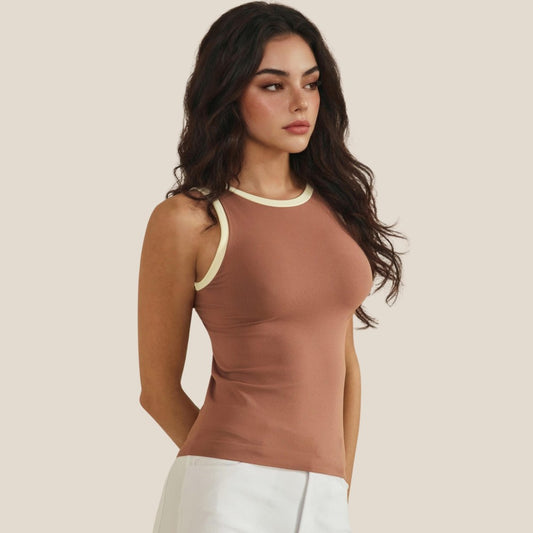 Reversible High Neck Two Tone Tank Top - Mocha