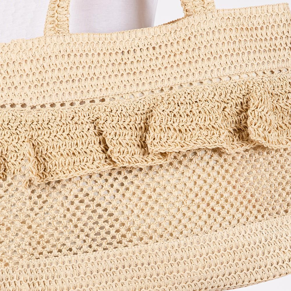 Woven Straw Tote Bag With Ruffle Detail