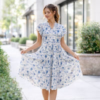 Tan & Blue Floral Tiered Midi Dress with Pockets