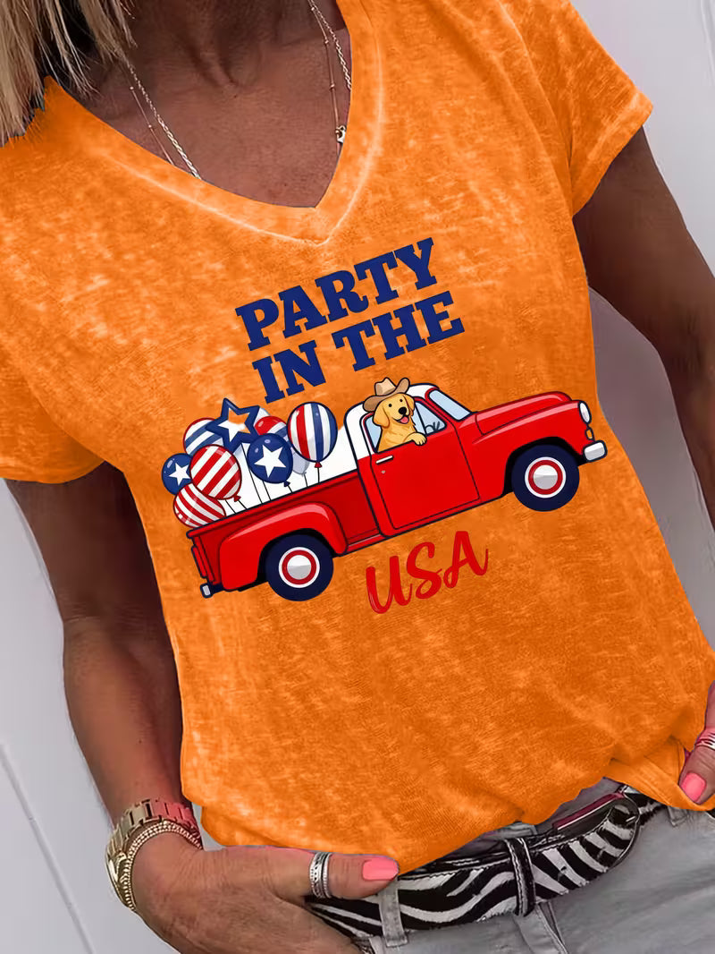 Women's Party In The USA V-neck Vinyl Graphic T-Shirt