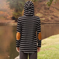 Sunshine & Redeo Striped Hoodie with Elbow Patches and Pockets - Black