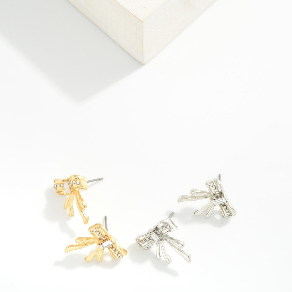 Metal Tone Bow Stud Earrings Featuring Rhinestone Details