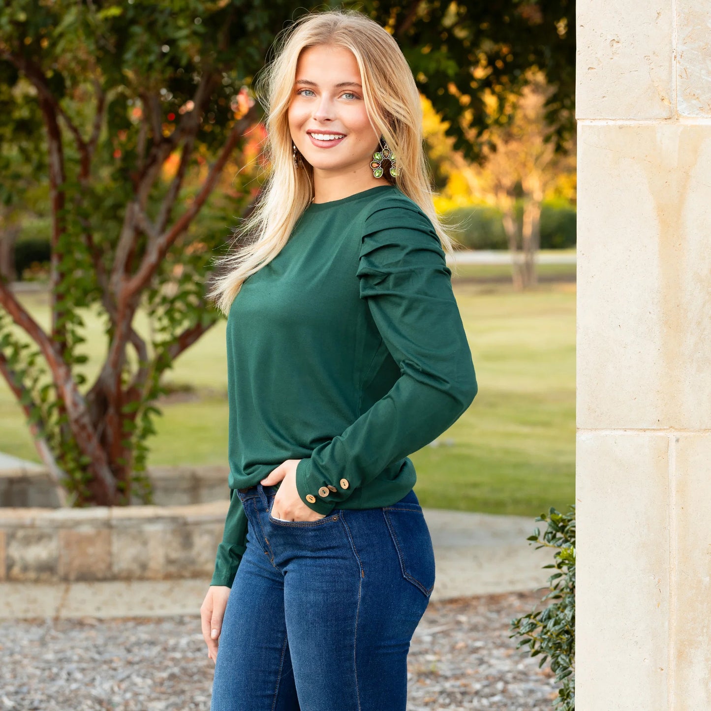 SunshineRuffle Sleeve Top with Button Accents - Green