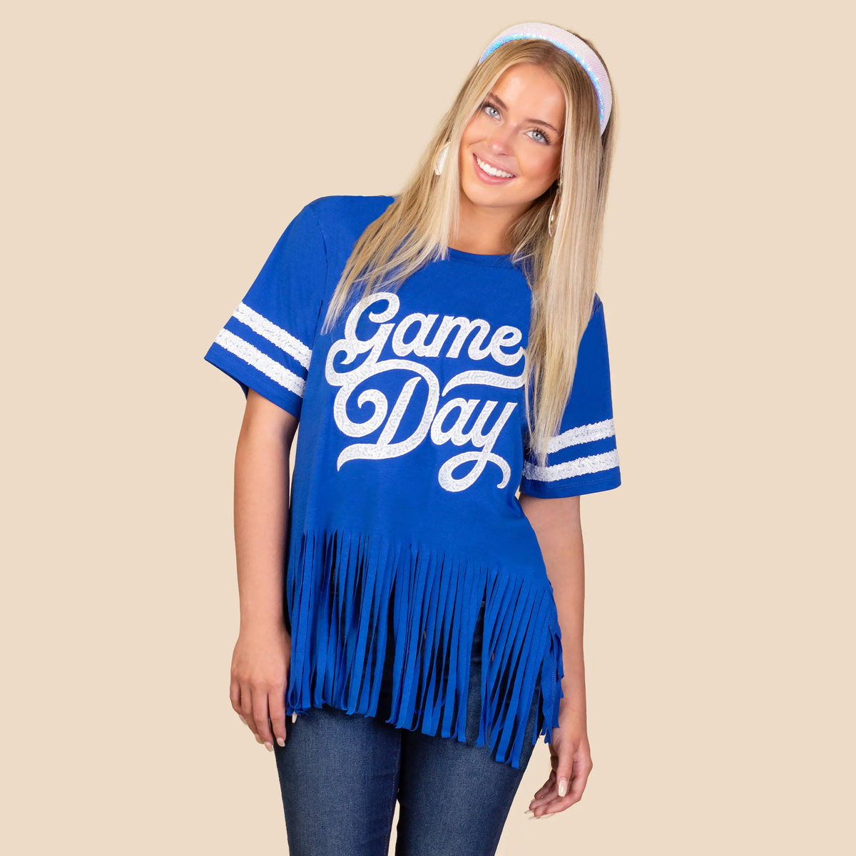 lGame Day Half Sleeve Top with Sequin & Fringe - Royal Blue