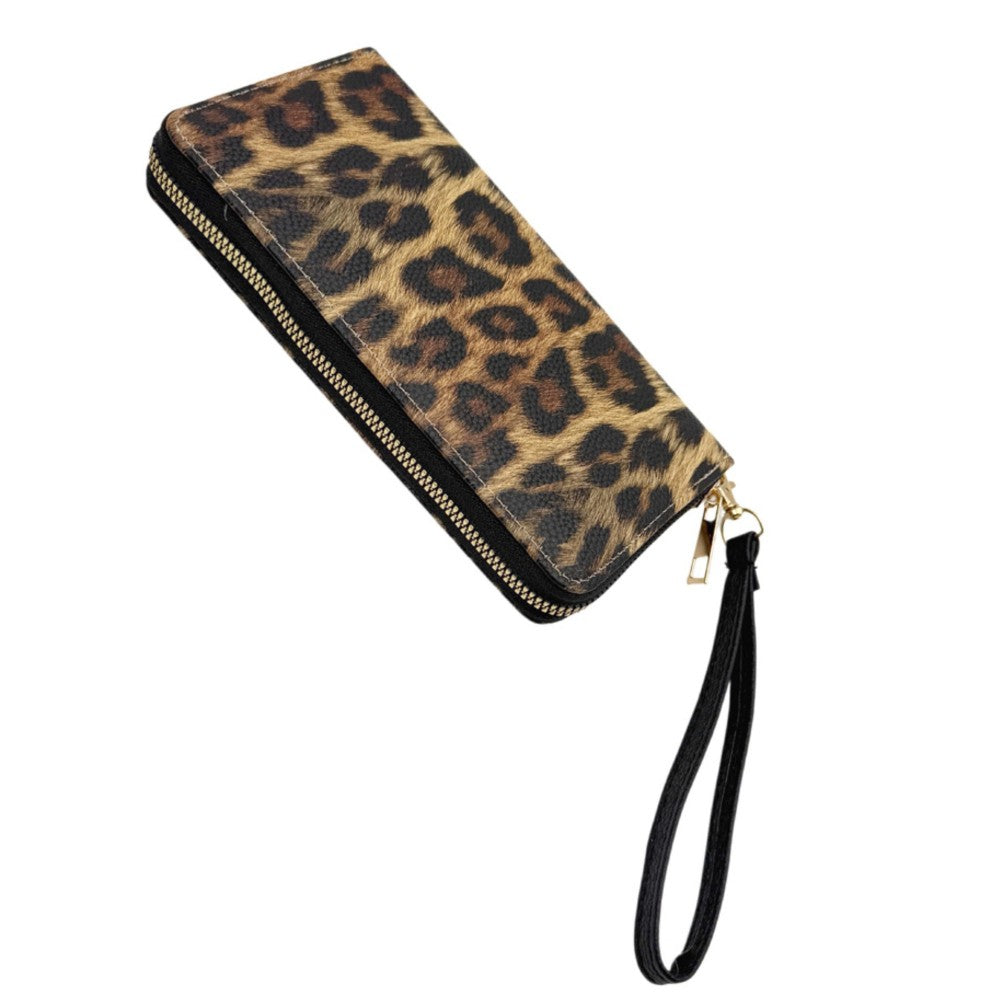 Leopard Print Vegan Leather Wallet  - Full Zip Closure