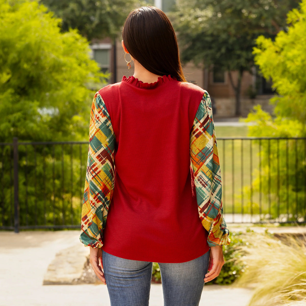 Sunshine & Rodeo V-Neck Waffle Knit Top with Plaid Print