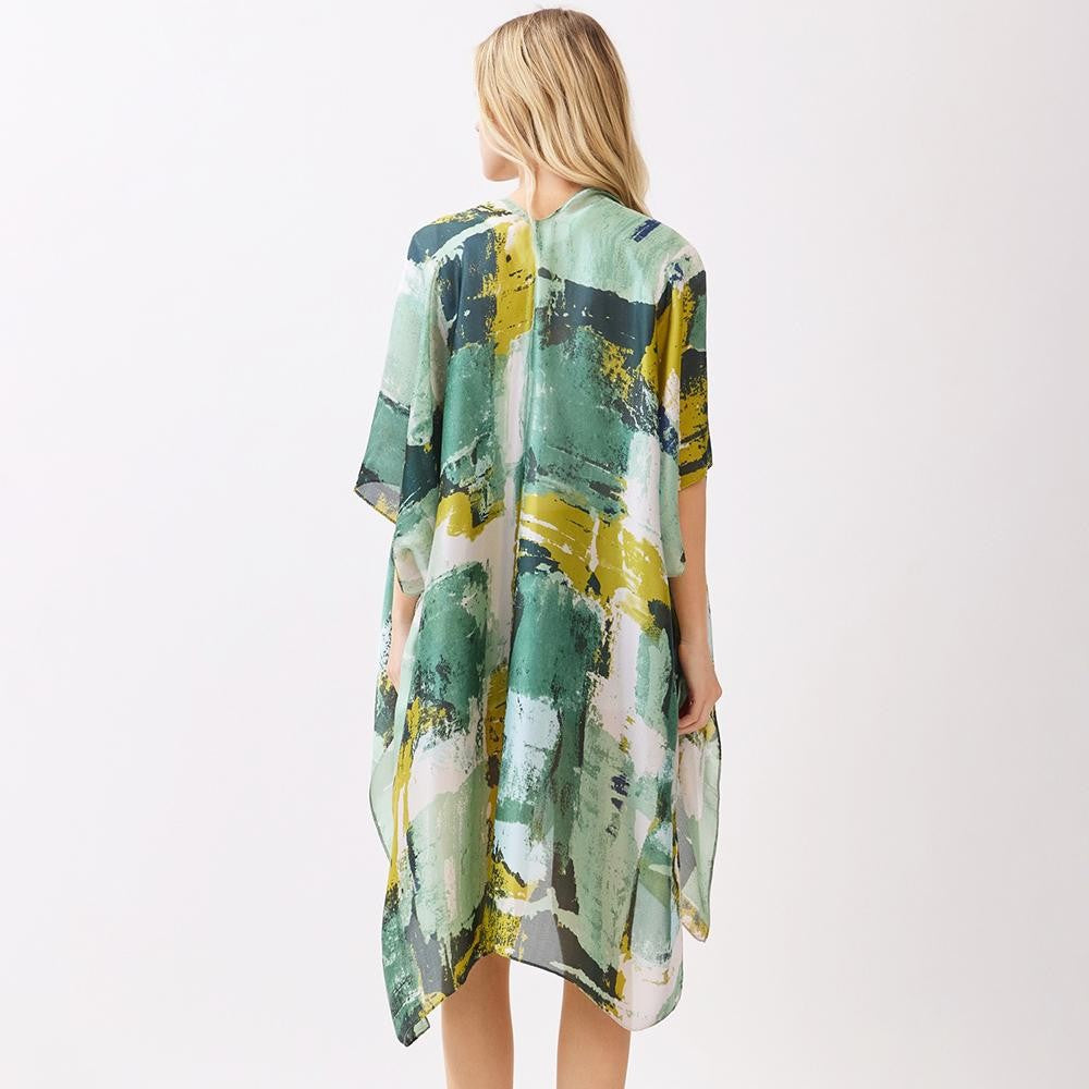 Abstract Modern Art-Inspired Print Kimono - Green