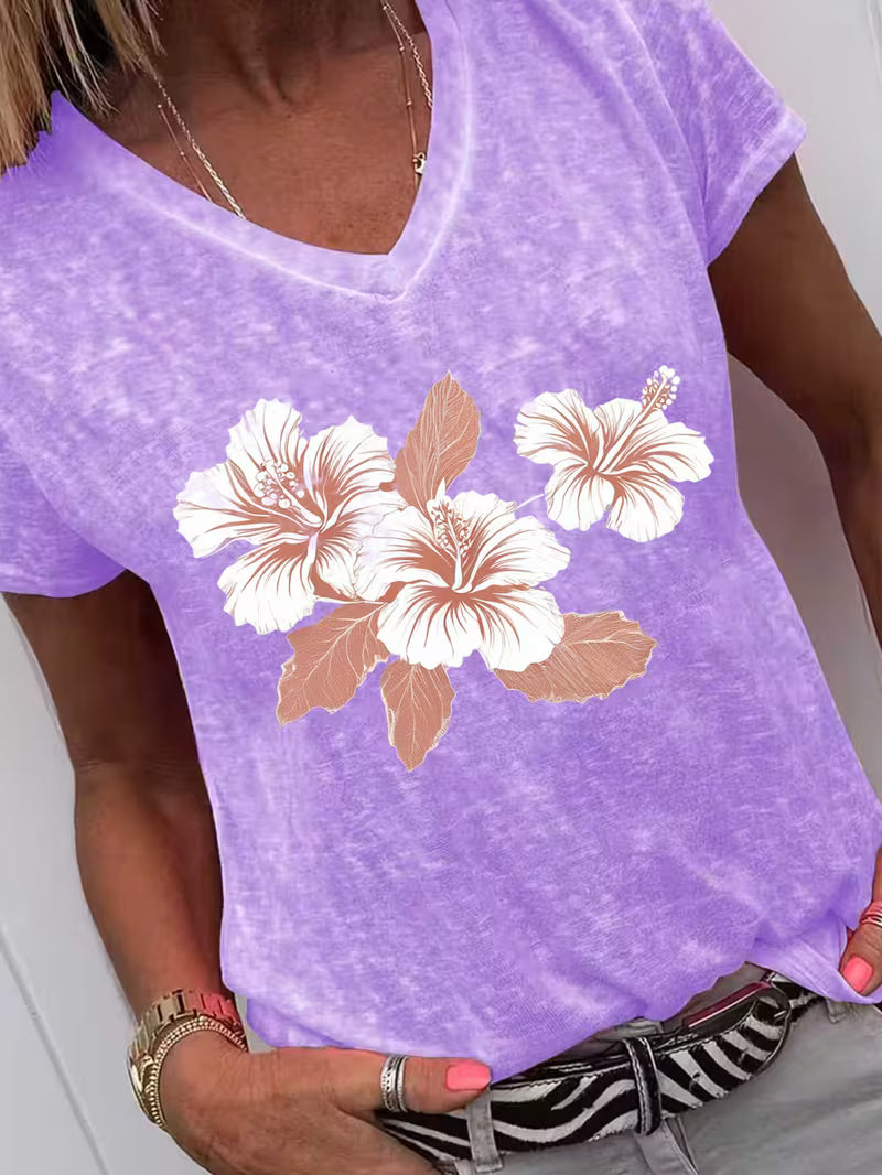 Women's Flowers V-neck Vinyl Graphic T-Shirt