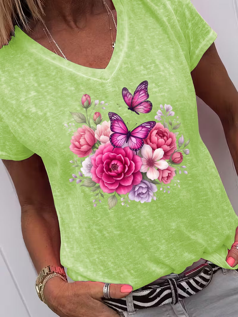 Women's Butterfly & Flower Bouquet V-neck Vinyl Graphic T-Shirt