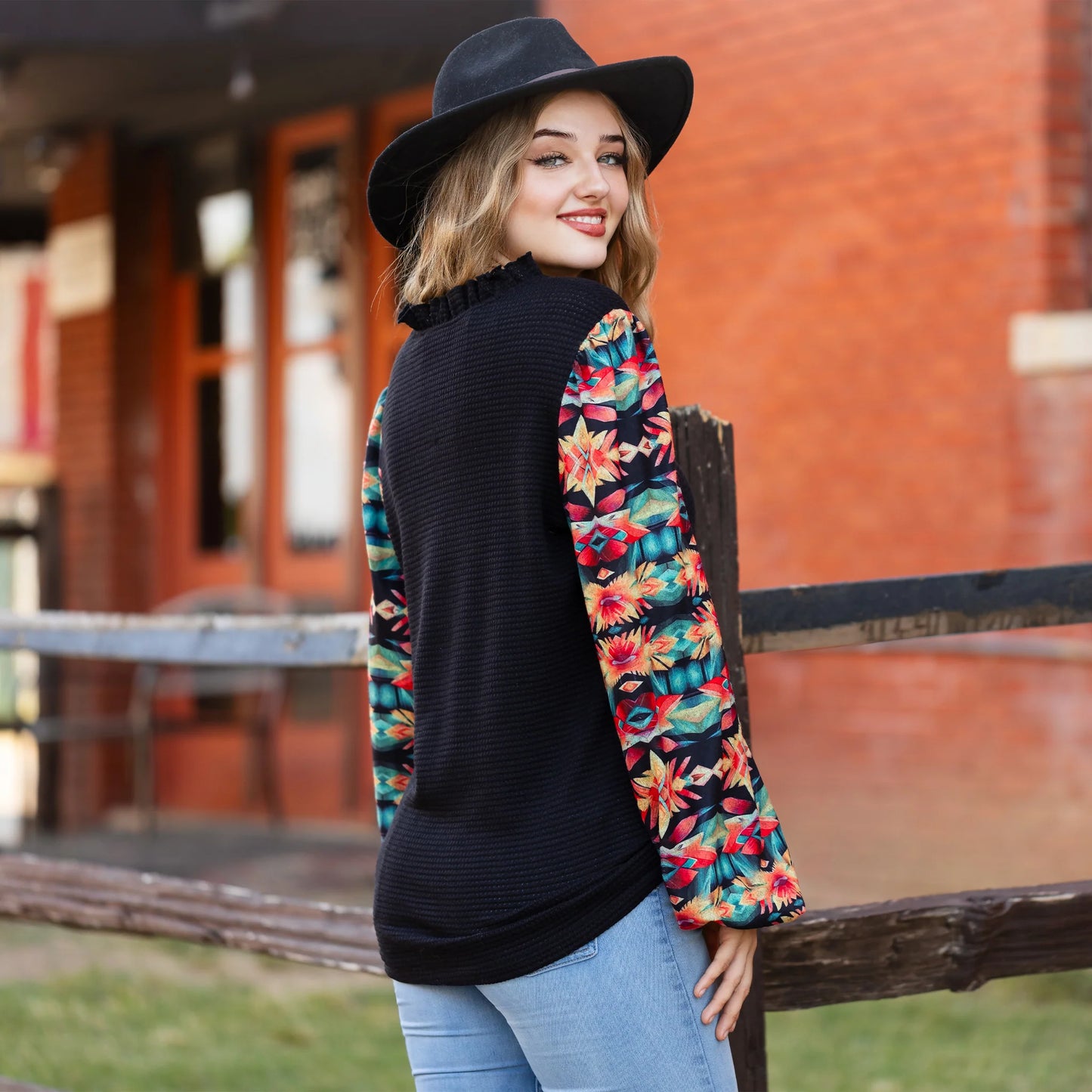 V-Neck Waffle Knit Top with Geometric Print