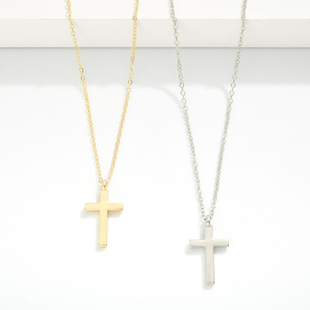 Metal Tone Dainty Chain Link Necklace Featuring Cross Pendant