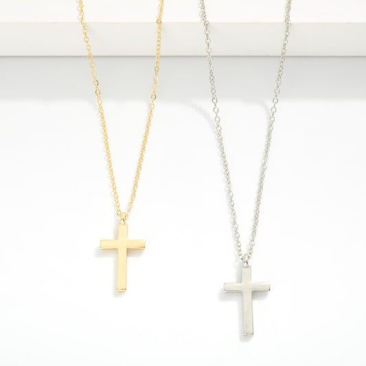 Metal Tone Dainty Chain Link Necklace Featuring Cross Pendant