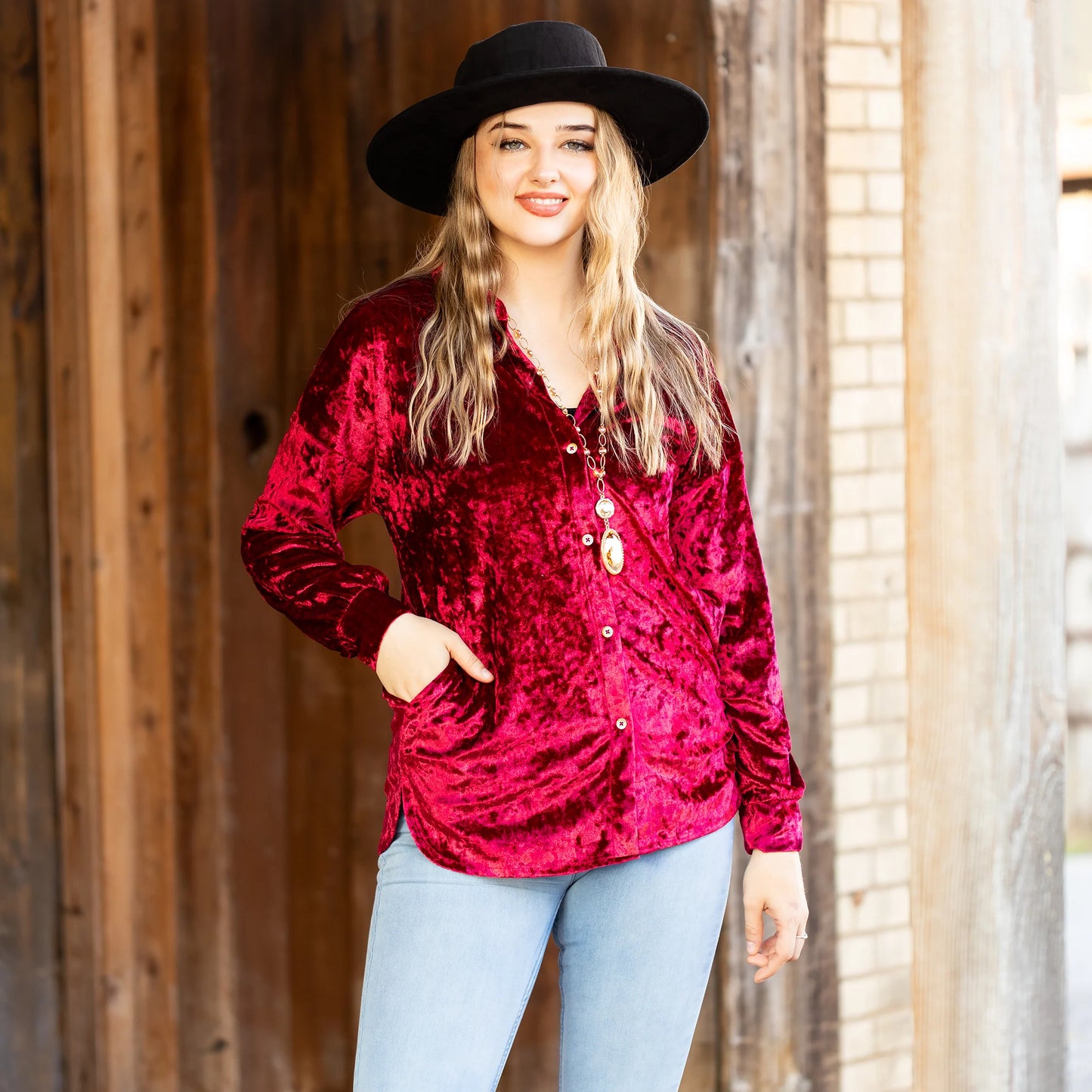 Sunshine & Redeo Velvet Long Sleeve Button Down Top with Pockets