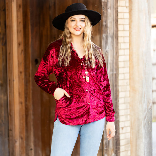 Sunshine & Redeo Velvet Long Sleeve Button Down Top with Pockets