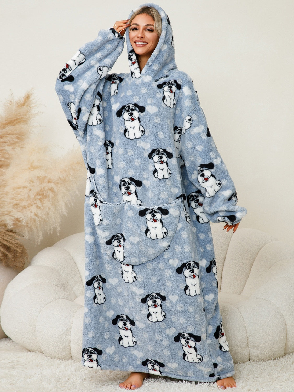 Fuzzy Pocketed Long Sleeve Hooded Blanket Lounge Dress - 17 Print options - PRELAUNCH