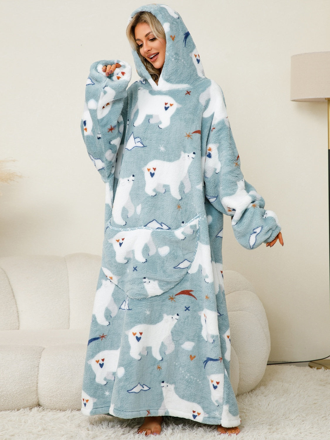 Fuzzy Pocketed Long Sleeve Hooded Blanket Lounge Dress - 17 Print options - PRELAUNCH