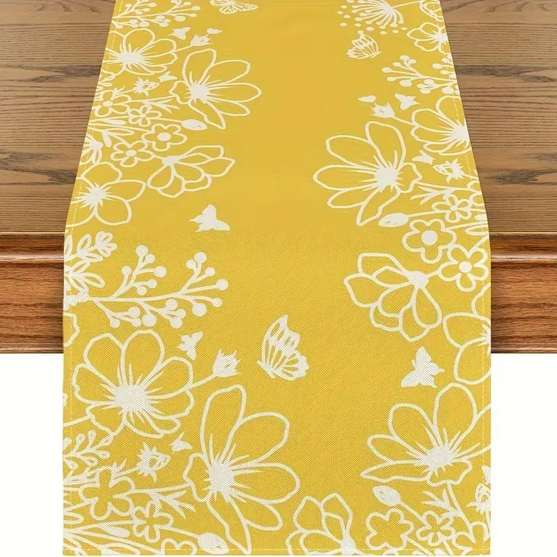 Floral Outline Yellow Table Runner