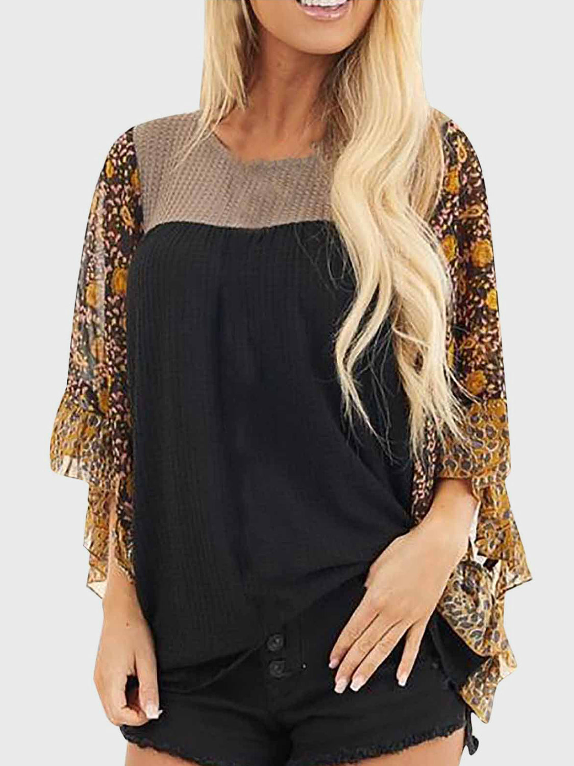 8 Color Options! Full Size Printed Round Neck Three-Quarter Sleeve Blouse