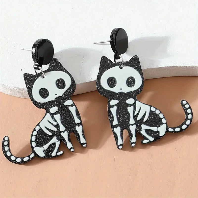 Glitter Skeleton Cat Earrings