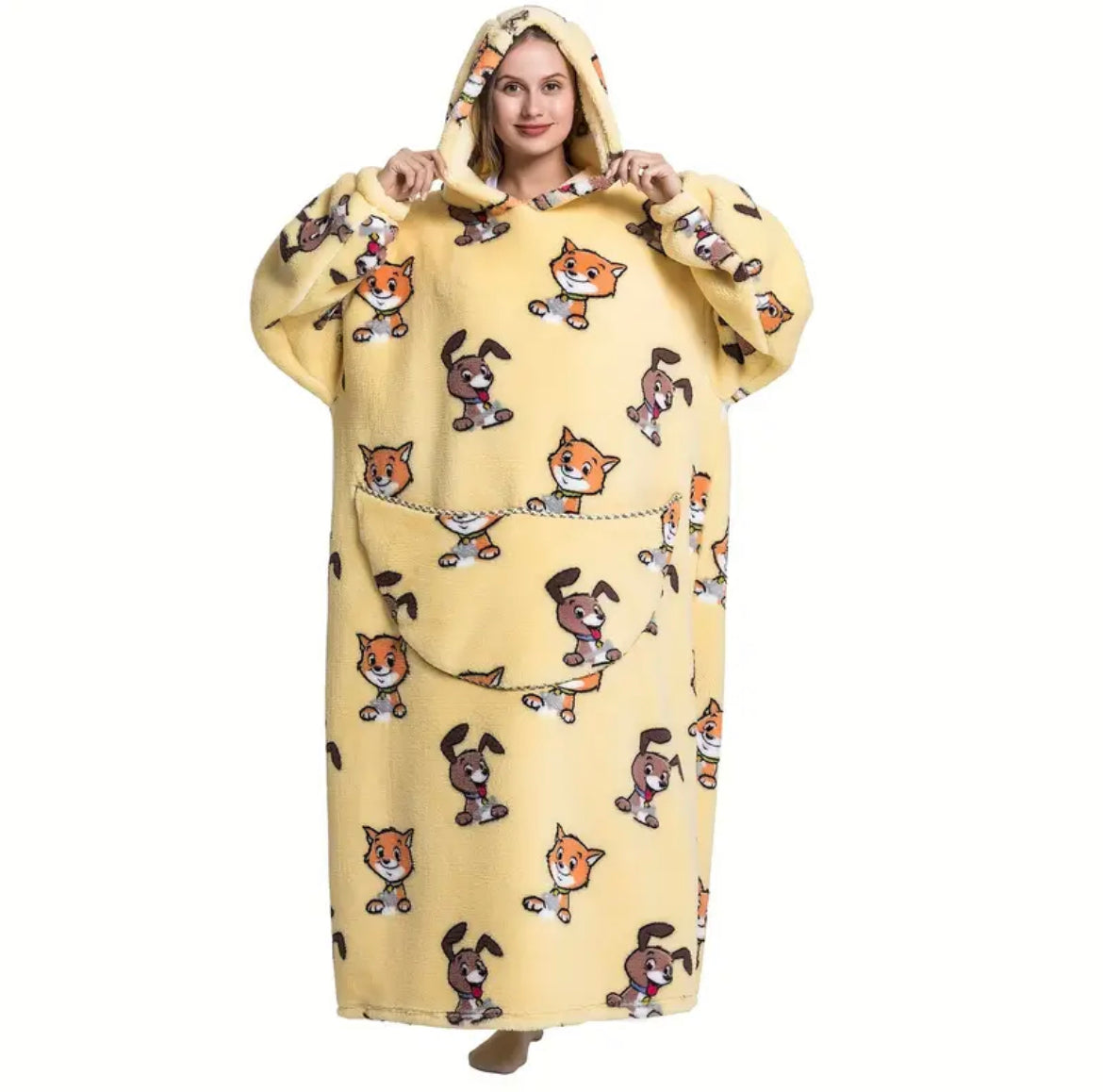 Fuzzy Pocketed Long Sleeve Hooded Blanket Lounge Dress - 17 Print options - PRELAUNCH