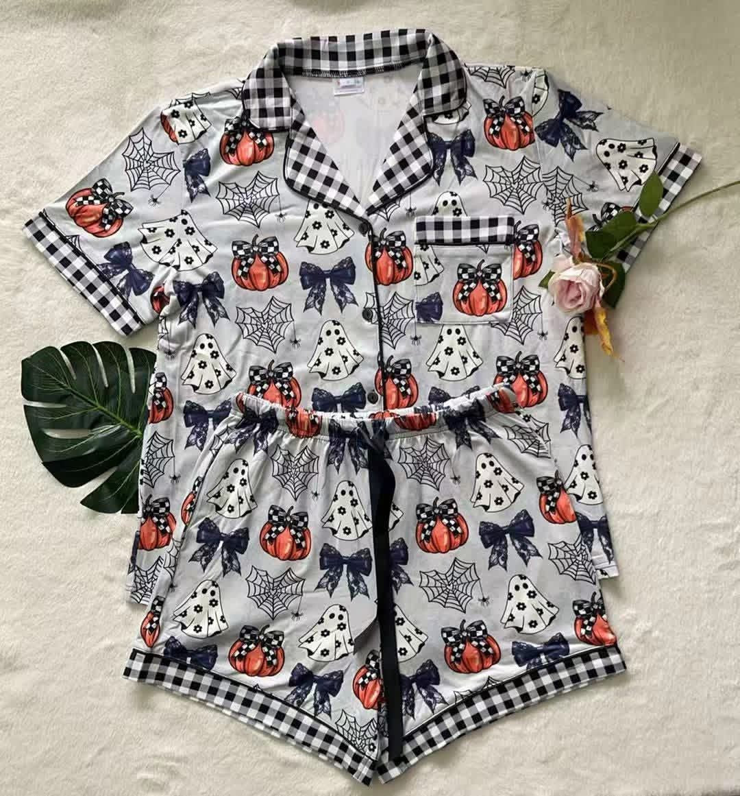 Shirley & Stone Button Down Short Pajama Set - Pumpkin Spider Web - 3XL