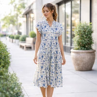 Tan & Blue Floral Tiered Midi Dress with Pockets
