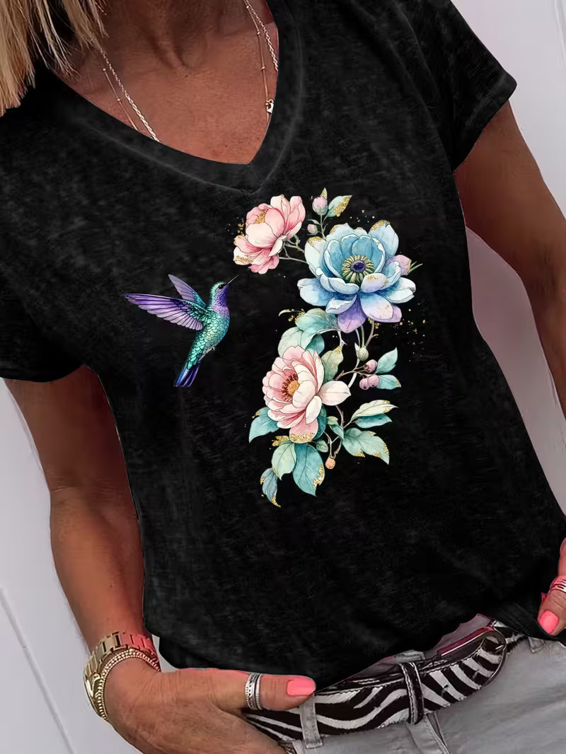 Women's Bird & Flowers V-neck Vinyl Graphic T-Shirt