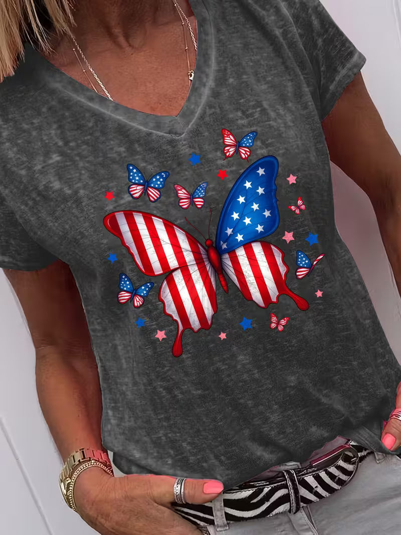 Women's Red White & Blue Butterfly V-neck Vinyl Graphic T-Shirt