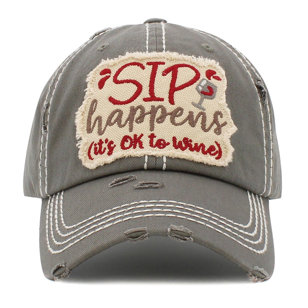 Vintage Distressed Sip Happens Patch Baseball Cap.