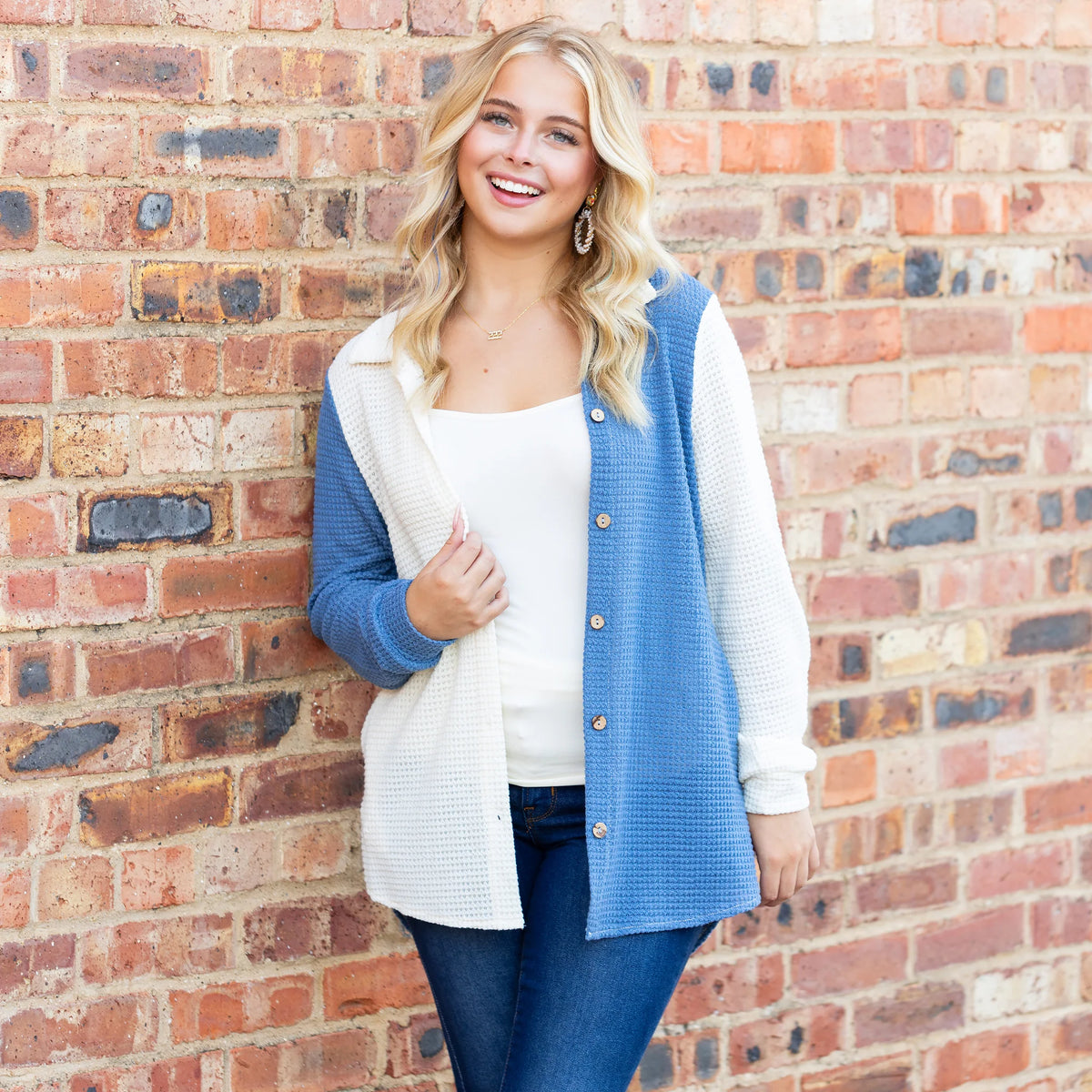 Sunshine & Rodeo Color Block Waffle Knit Button Down with Pockets