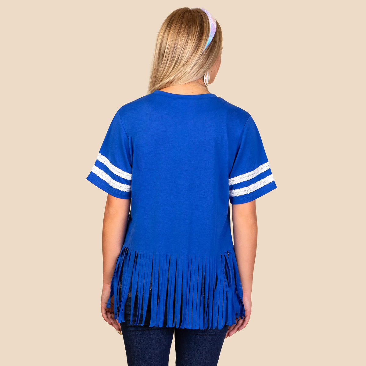 lGame Day Half Sleeve Top with Sequin & Fringe - Royal Blue